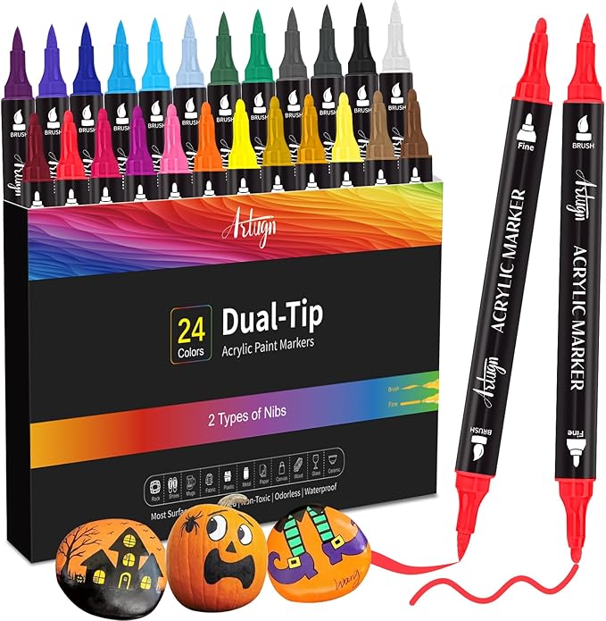 24 Colors Acrylic Paint Pens, Dual Tip Pens With